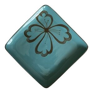 Vintage Pier 1 Hibiscus Pattern Square Dinner Plate Teal And Brown Flower Design